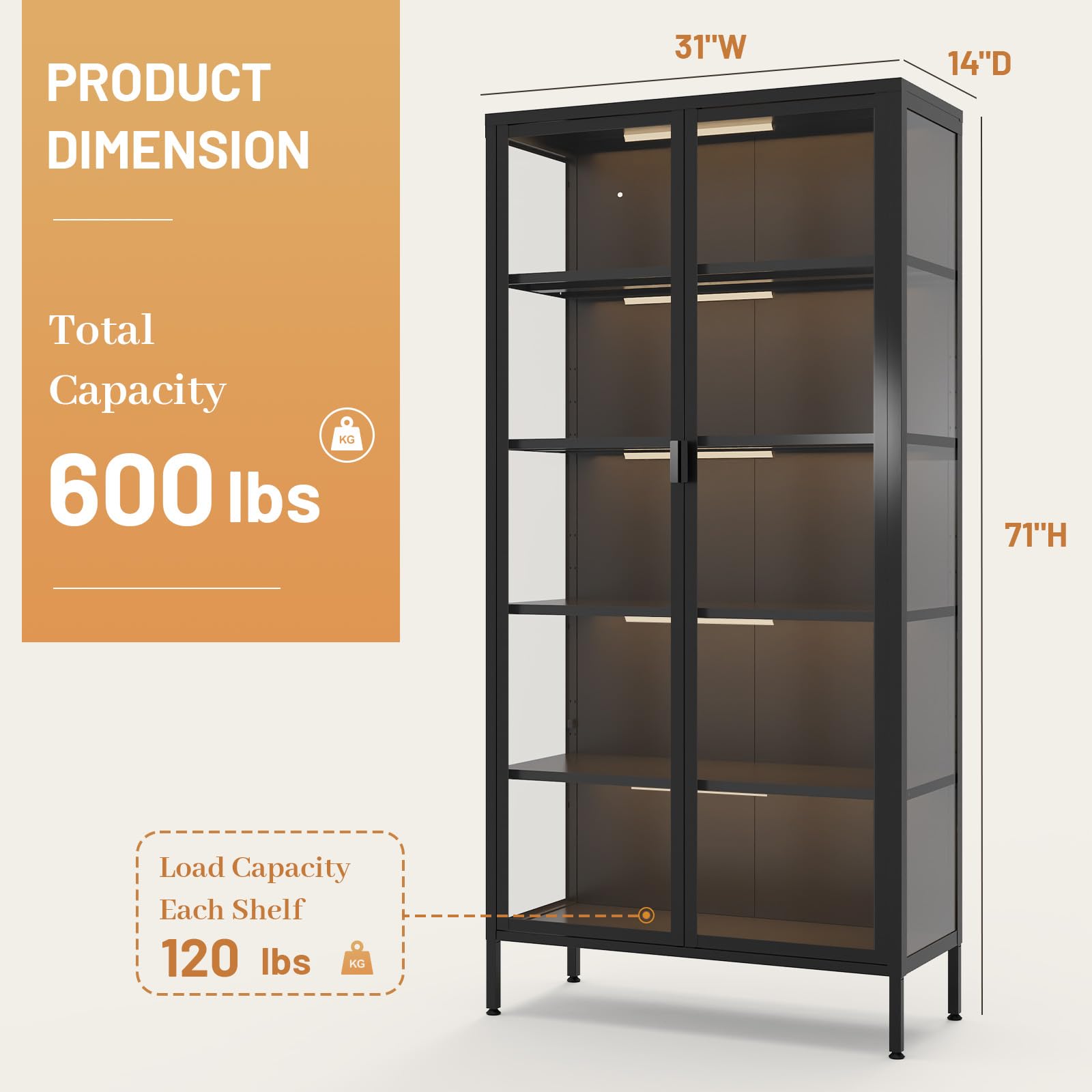 71" Display Cabinet with Glass Doors and LED Lighting