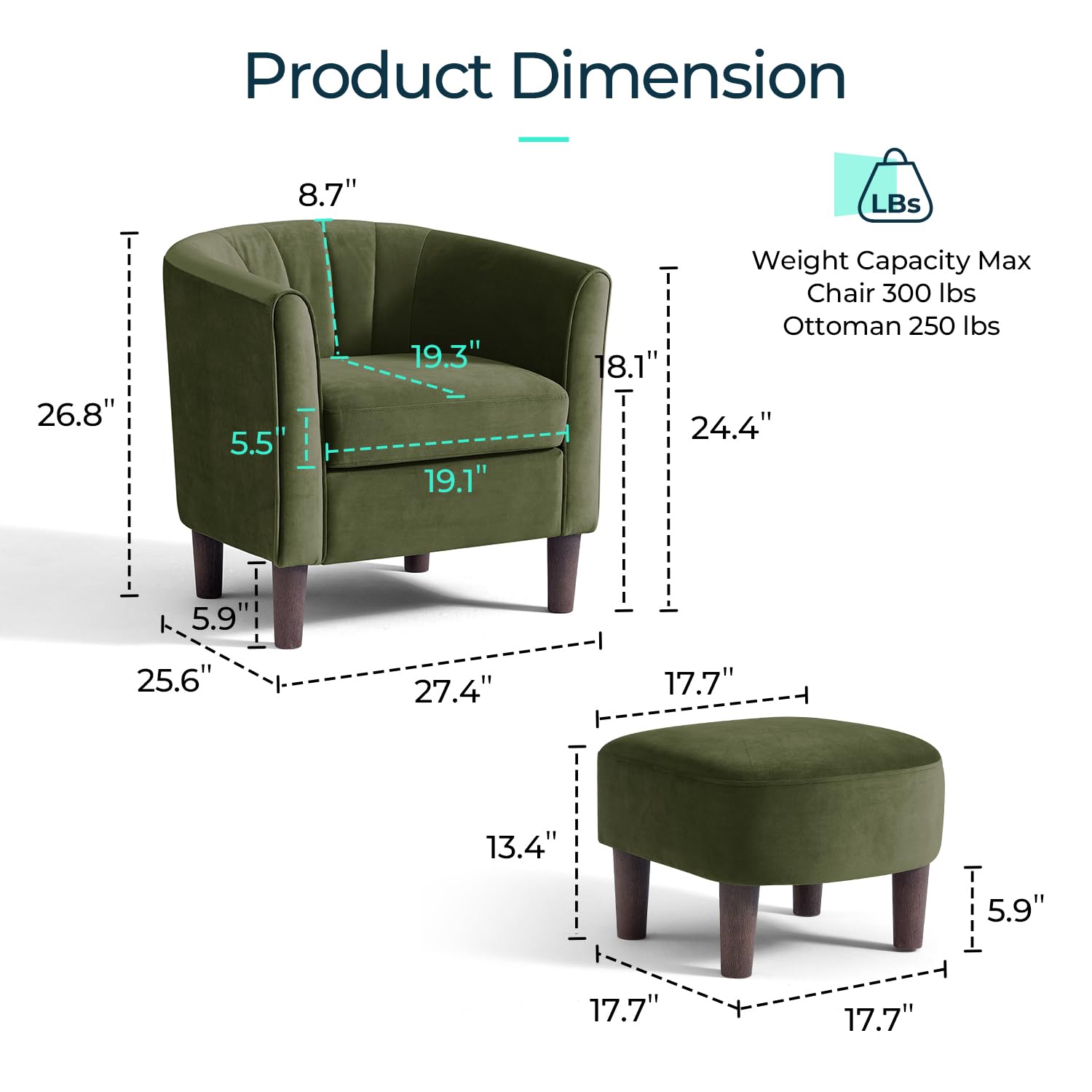 Velvet Barrel Chair Set with Ottoman