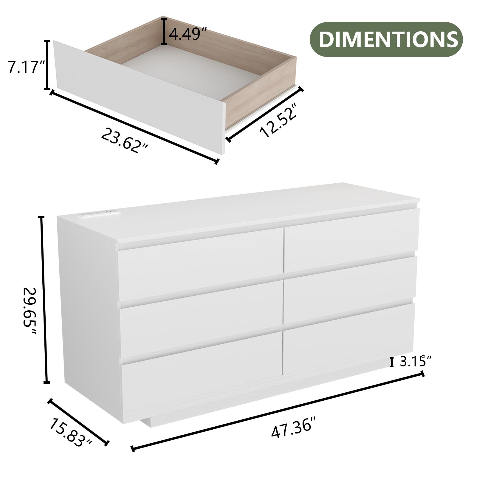 6 Drawer Dresser with Power Outlet and LED Light