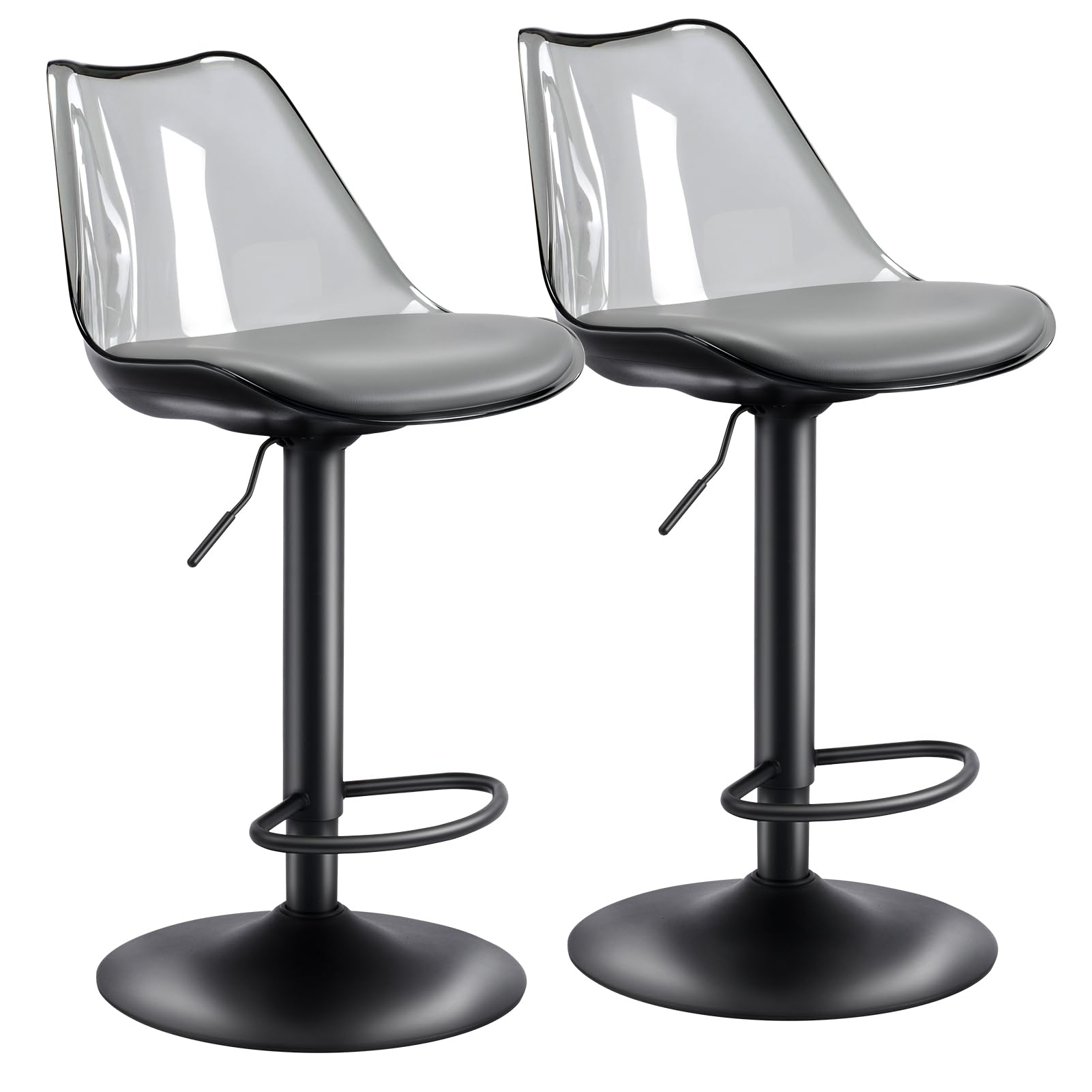 LOVSPATIO Clear Bar Stools Set of 2, Counter Height Adjustable Swivel Acrylic Bar Stools with PU Leather Upholstered, Armless Bar Stools for Kitchen Island - Grey/Black