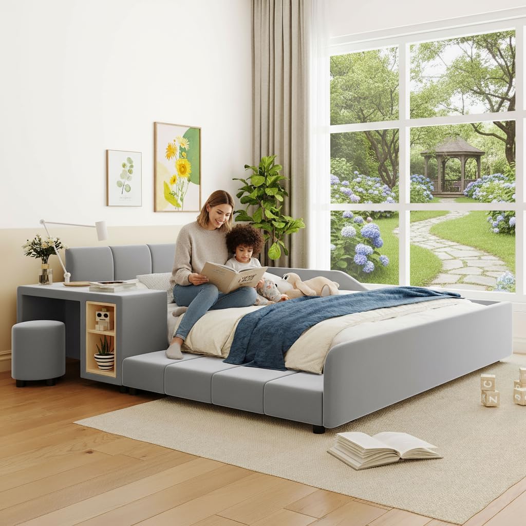 Full Size Velvet Upholstered Platform Bed with Bedside Desk