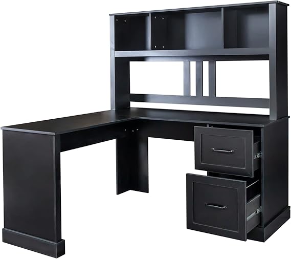 L-Shaped Corner Desk with Hutch and File Cabinet