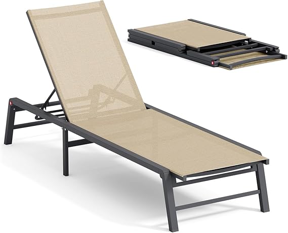 Aluminum Chaise Lounge Chair - Foldable Outdoor Patio Lounger with 5 Adjustable Positions
