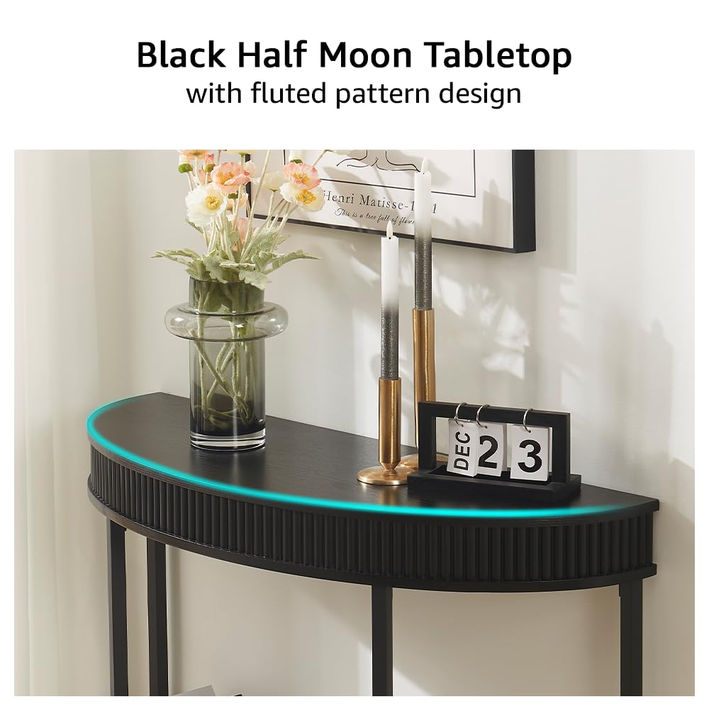 Fluted Half Moon Console Table - Modern 2-Tier Black Entryway