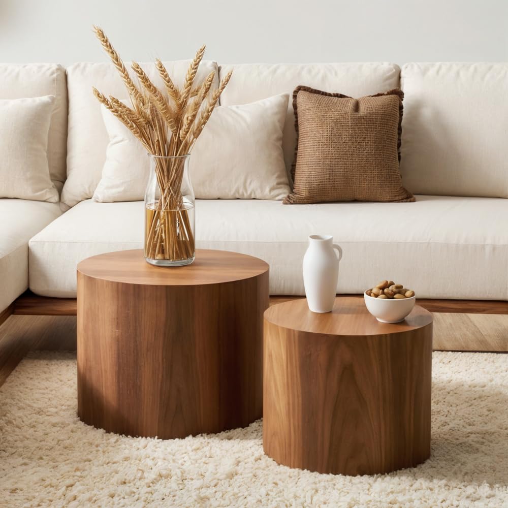 Nesting Coffee Table Set of 2 Round Walnut Wooden Accent Tables