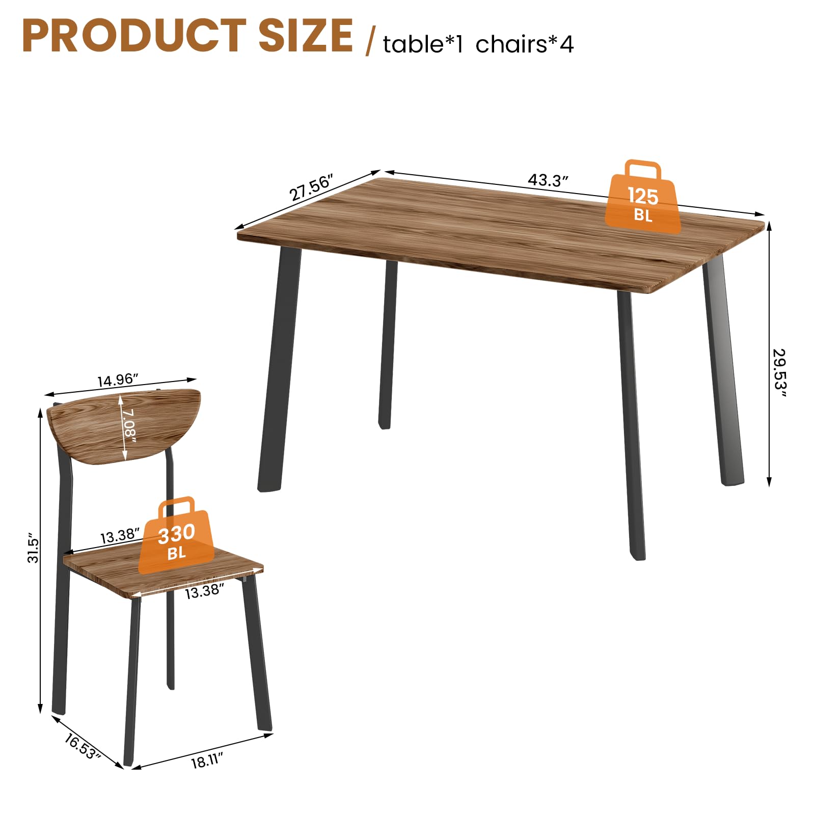 Dining Table Set for 4 with Curved Backrest Chairs