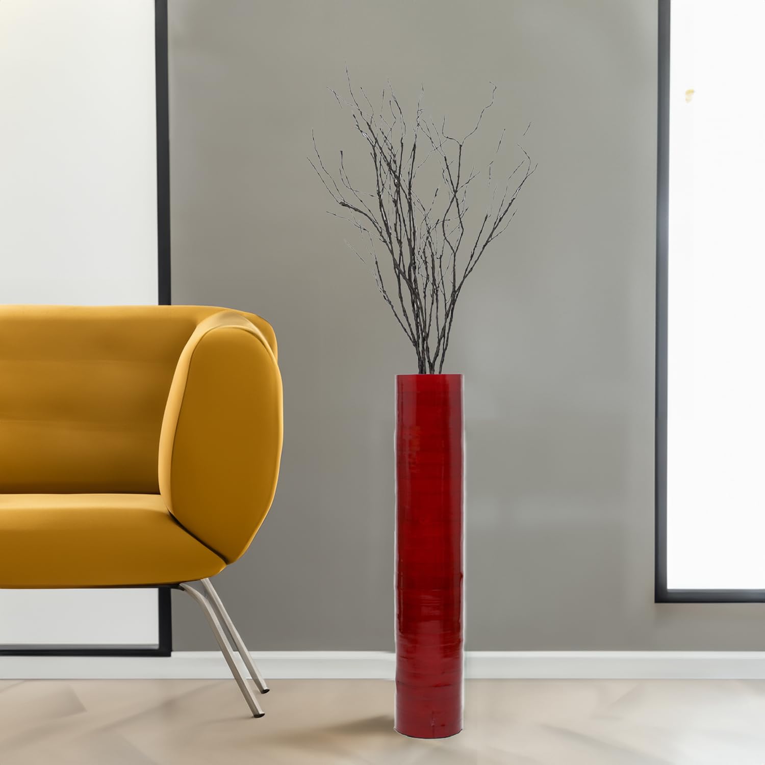 30-Inch Bamboo Floor Vase - Cylinder Shape - Red