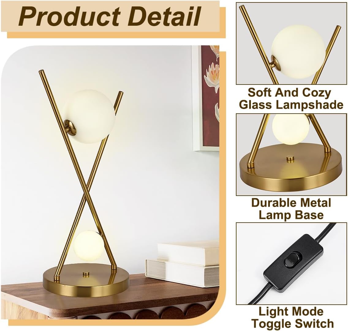Gold X-Shaped Table Lamp with Globe Glass Shades