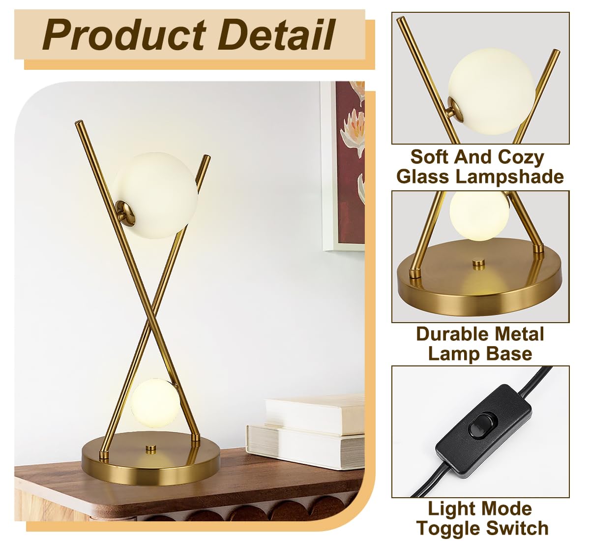 Gold X-Shaped Table Lamp with Globe Glass Shades