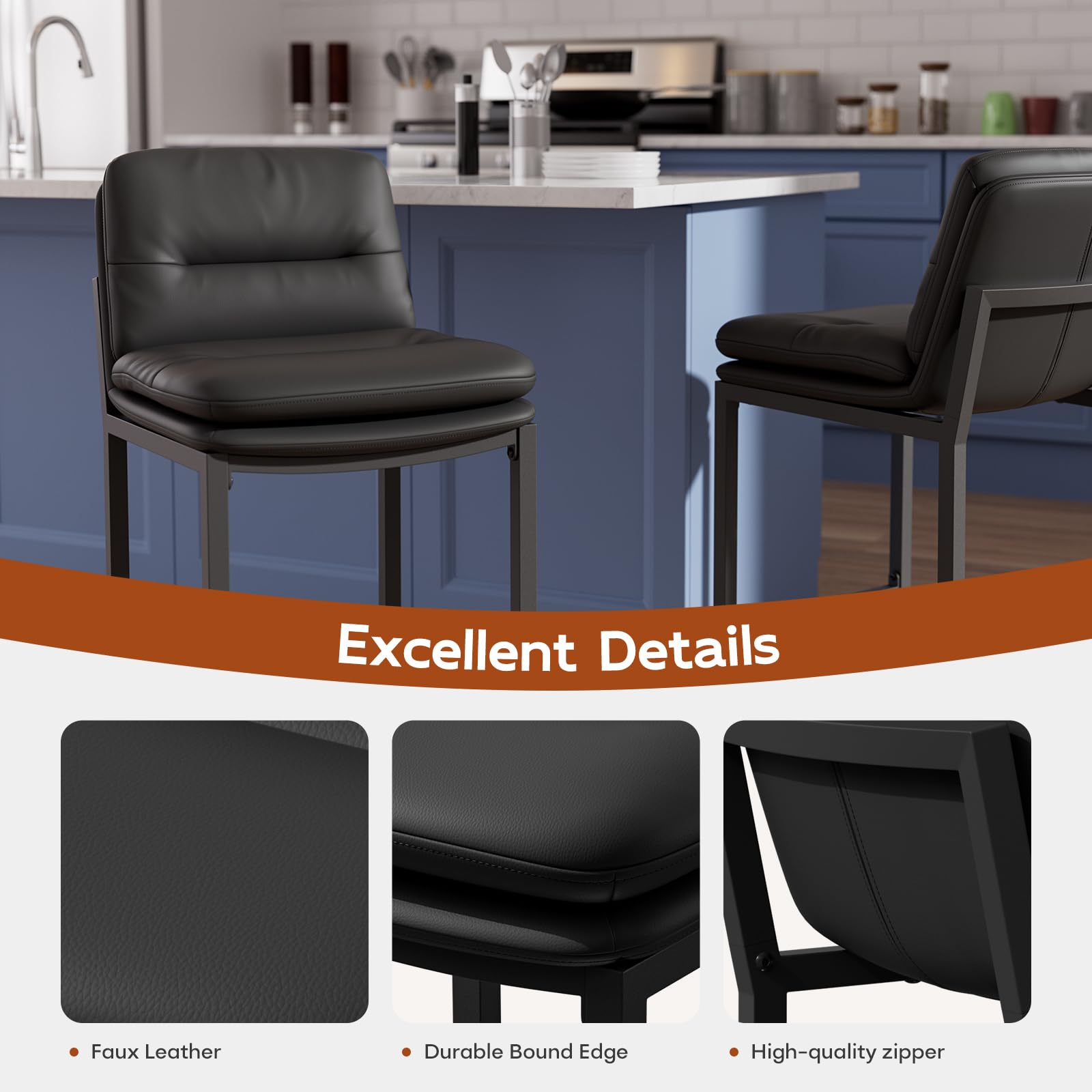 Black Bar Stools Set of 4 - 26 Inch Counter Height with Backs