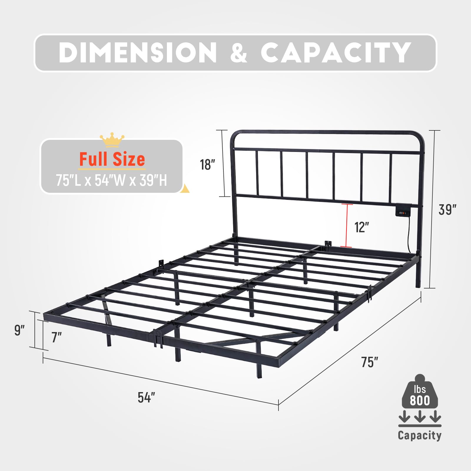 Floating Full Size Platform Bed Frame with LED Lights & Charging Station
