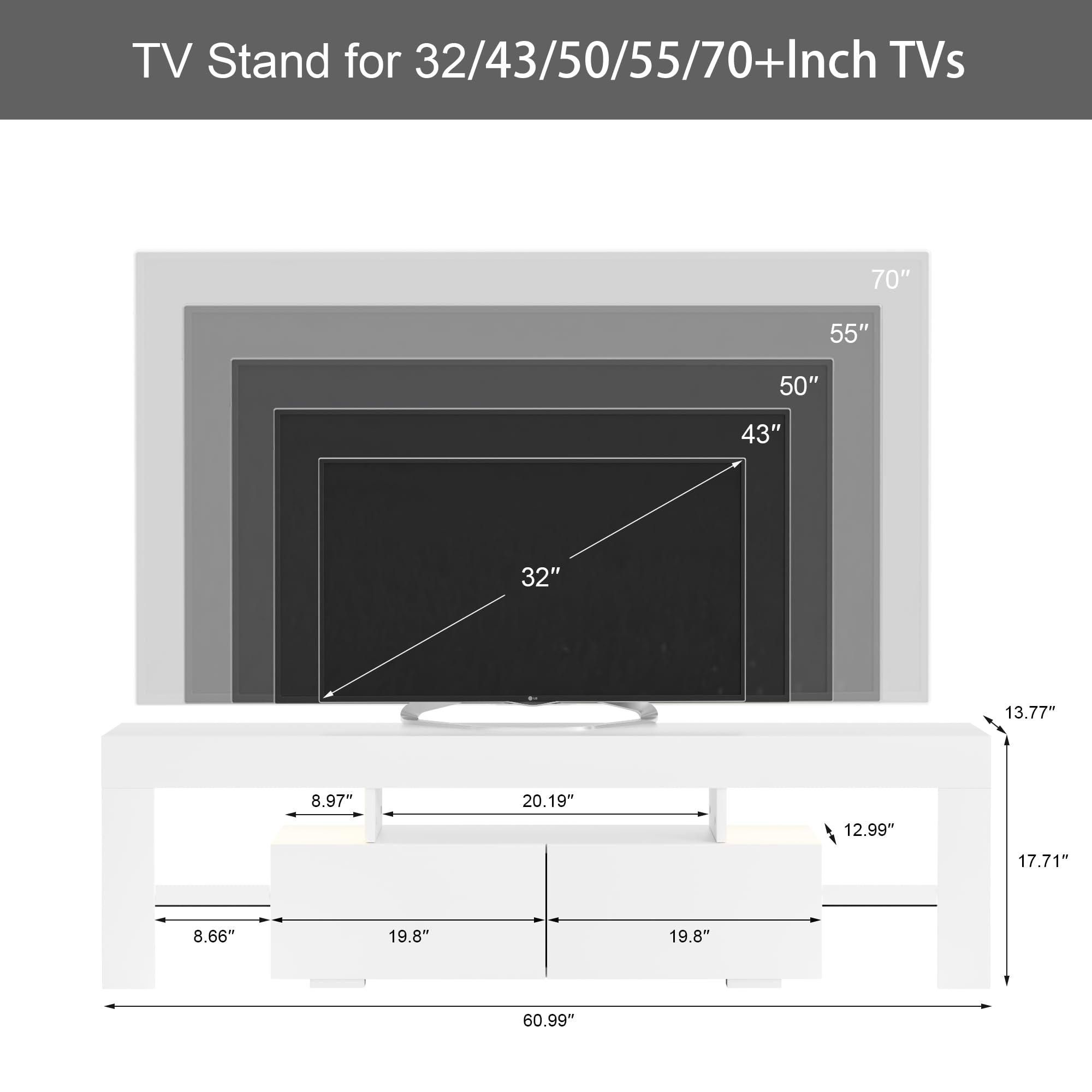 LED TV Stand with Drawer and Glass Shelves for 70 Inch TV