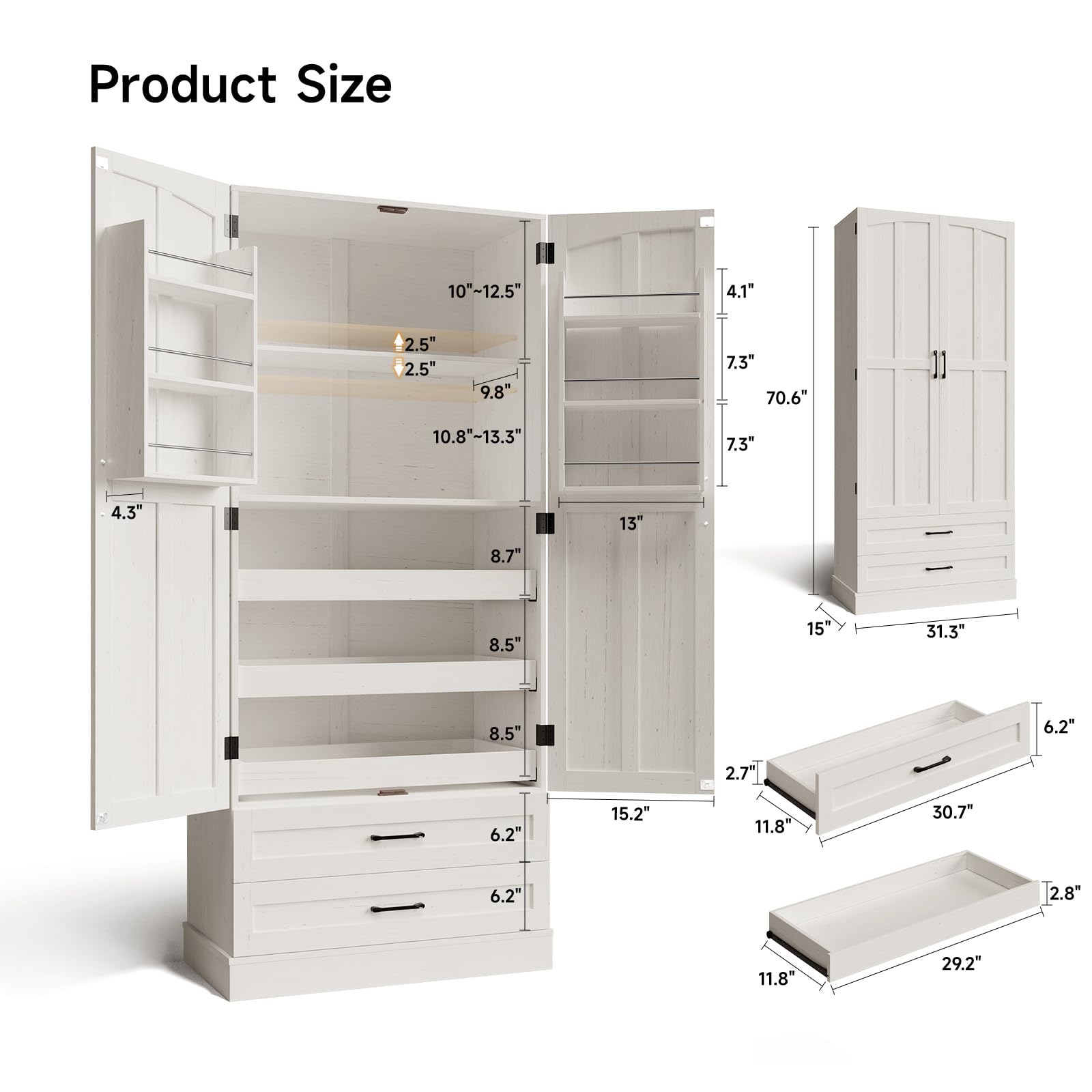 71" Tall Farmhouse Kitchen Pantry Cabinet with Pull Out Shelves