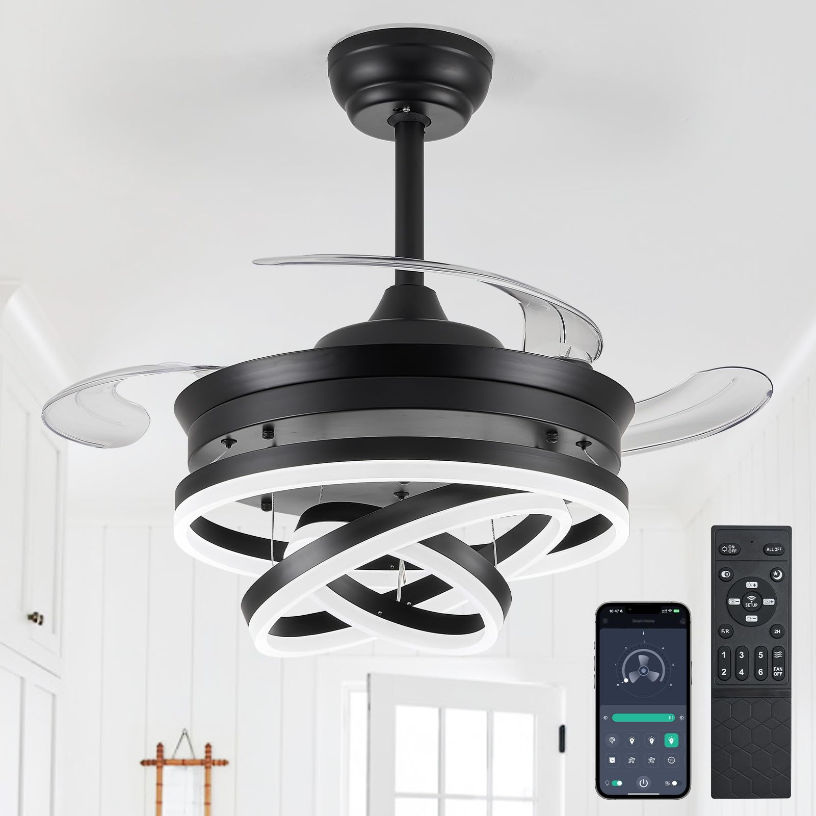 42" Retractable Ceiling Fan with LED Light and Remote Control