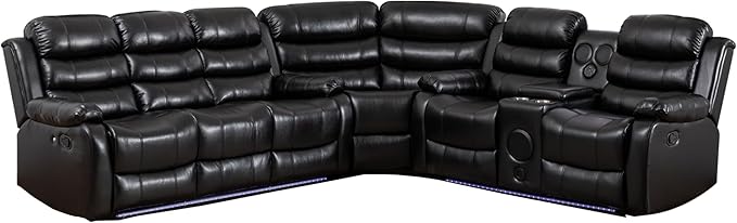Faux Leather Reclining Sectional Sofa with LED Light and USB Chargers