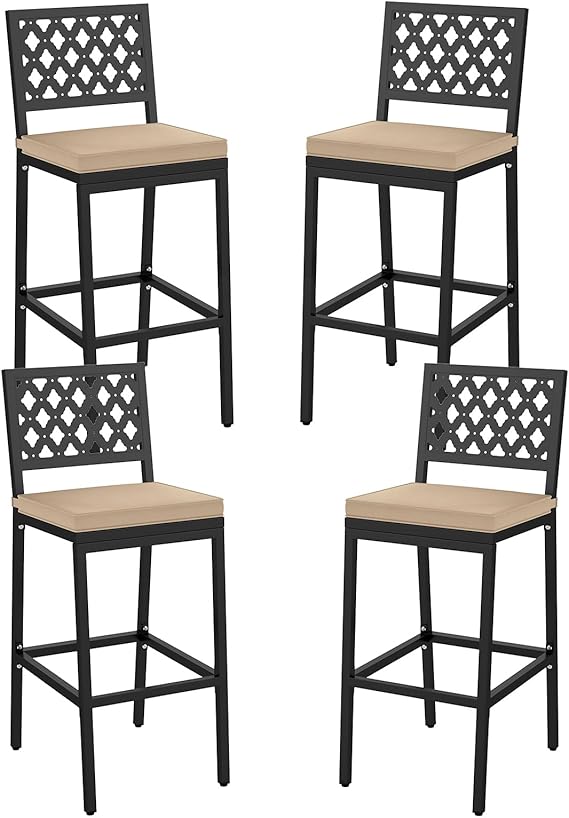 Outdoor Bar Chairs Set of 2 - Counter Height Metal Frame Barstools with Removable Cushions