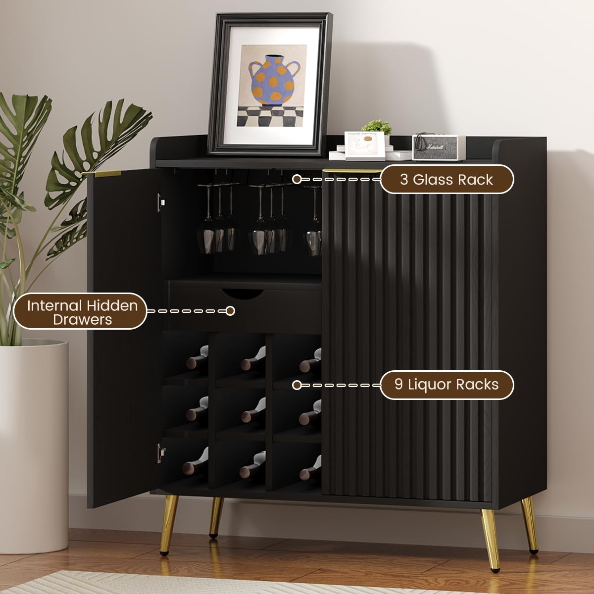 Modern Wine Bar Cabinet with Fluted Door and Glass Holder