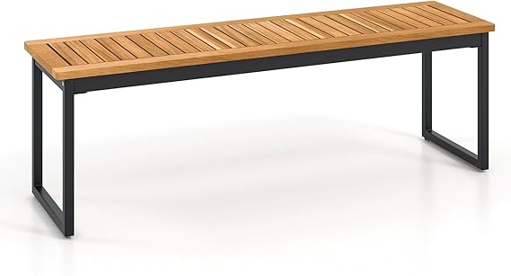 Patio Dining Bench with Slatted Acacia Wood Seat & Metal Legs