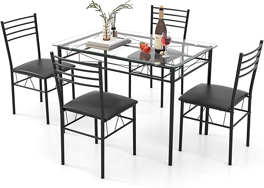 5 Piece Glass Dining Table Set with 4 Chairs