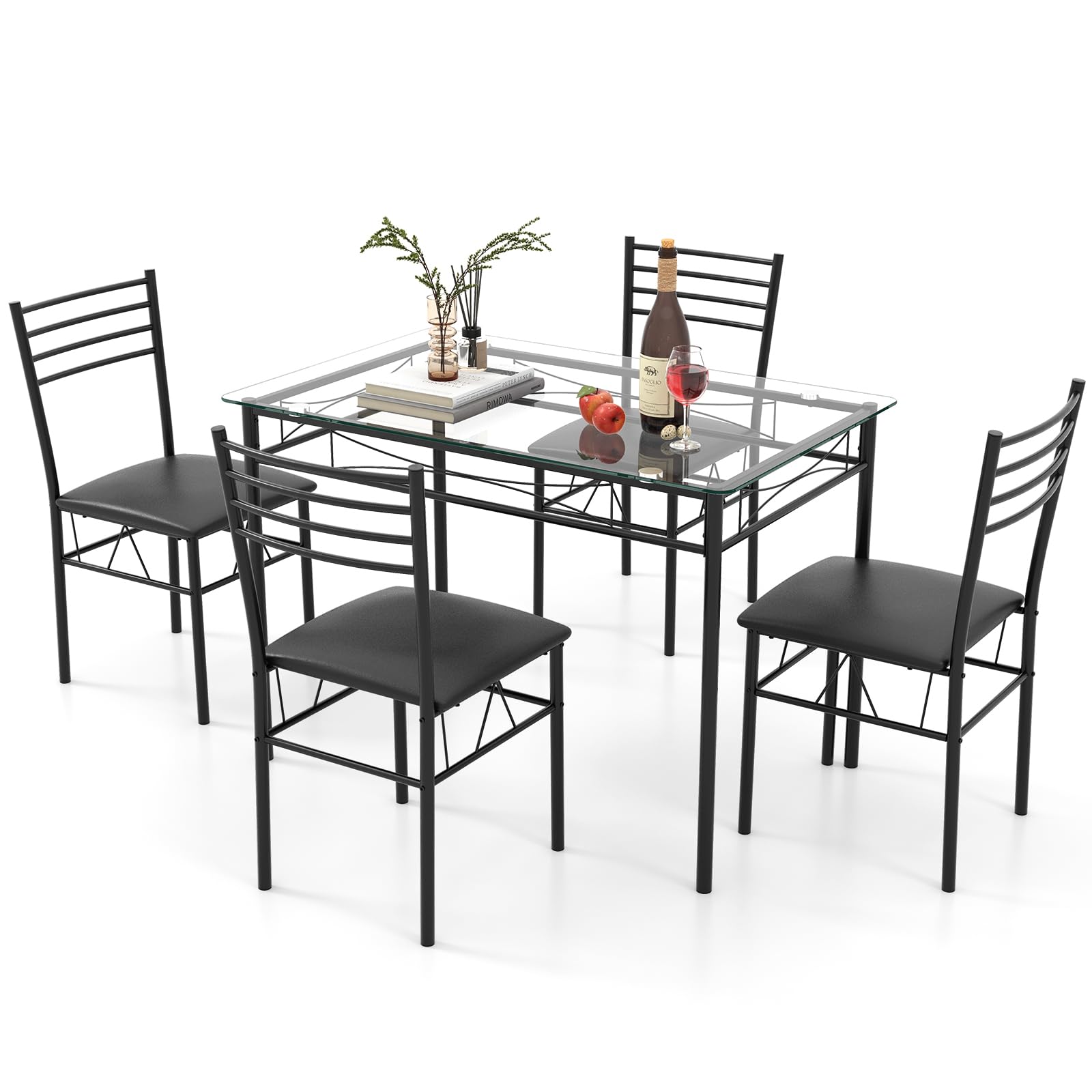 5 Piece Dining Table Set with Tempered Glass Top