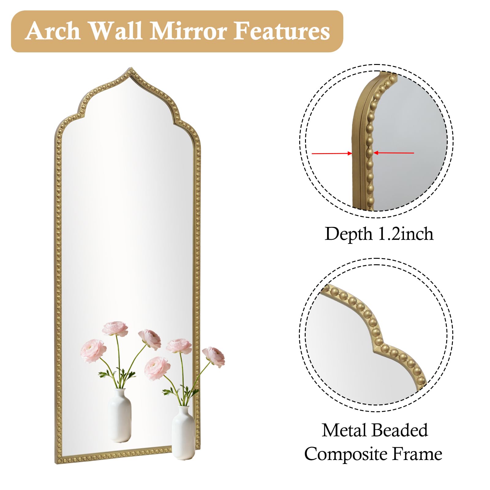 Arched Wall Mirror with Metal Beaded Frame