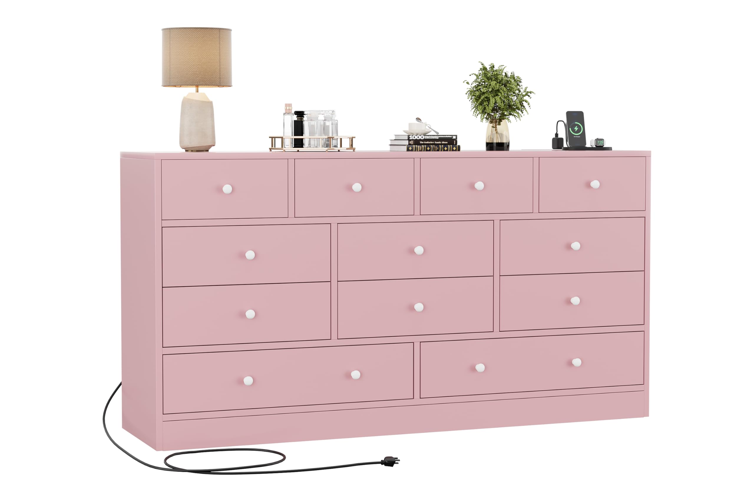 12 Drawer Dresser with Charging Station - 61 Inch Pink TV Stand