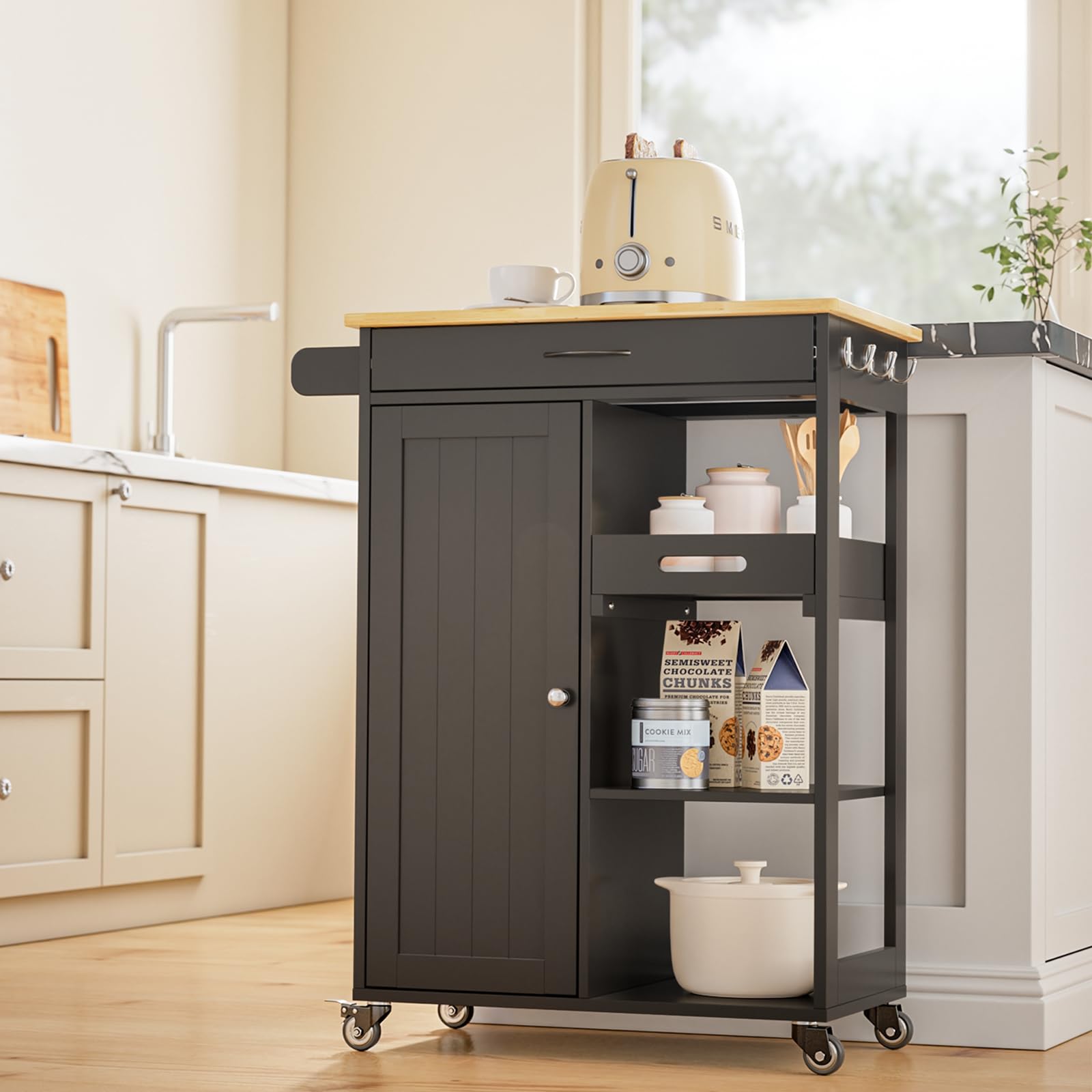 Kitchen Island Cart with Solid Wood Top