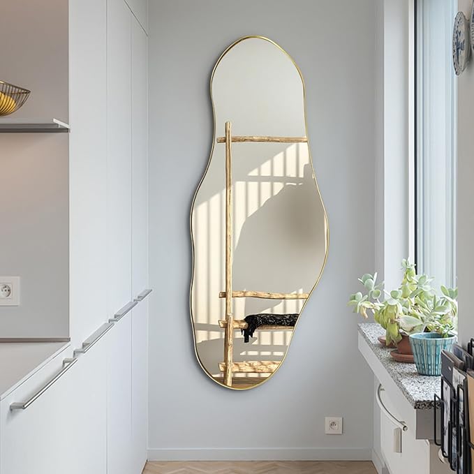 Large Asymmetrical Mirror 55x22 Gold Metal Frame