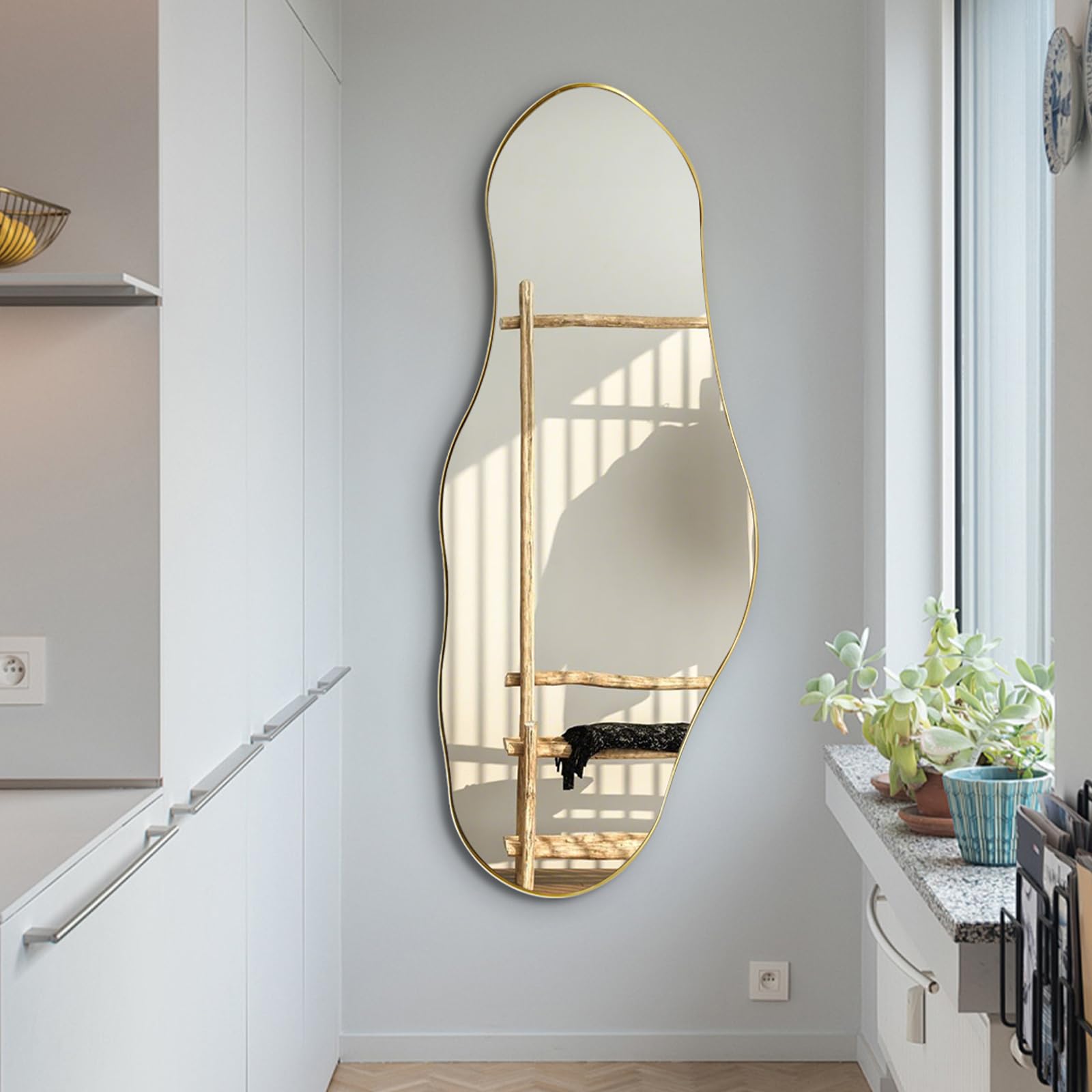 Large Asymmetrical Mirror 55x22 Gold Metal Frame