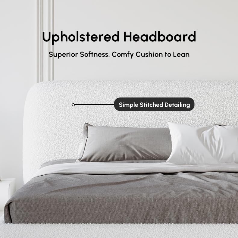 Modern Bedroom Furniture Set - White Boucle Queen Platform Bed with Bench
