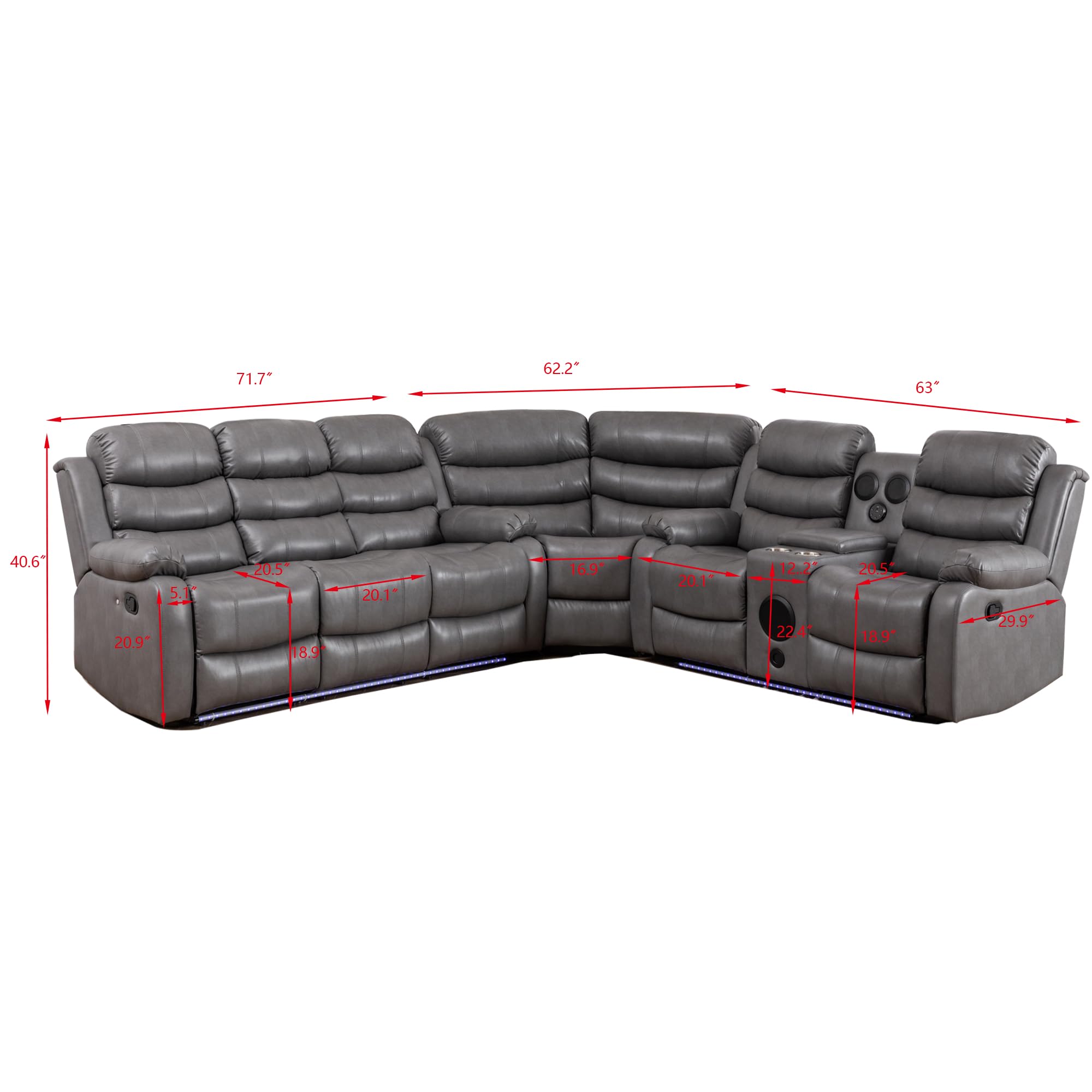 Faux Leather Reclining Sectional Sofa with LED Light and USB Chargers