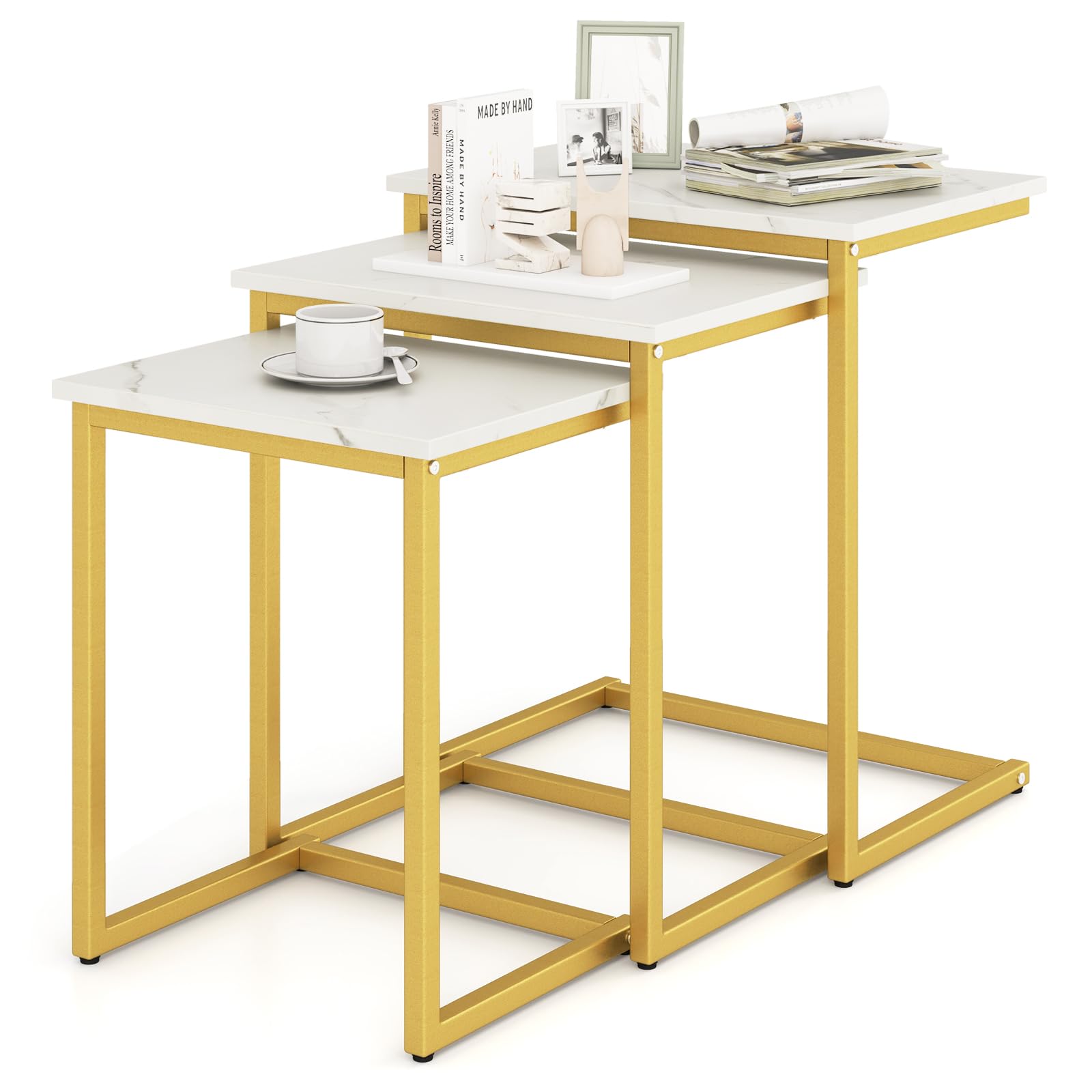 GOFLAME Nesting Coffee Tables Set of 3, Rectangular Nesting Center Table with Faux Marble Top & Metal Frame, Modern C-Shaped Nested Side Table Set for Living Room, Gold & White