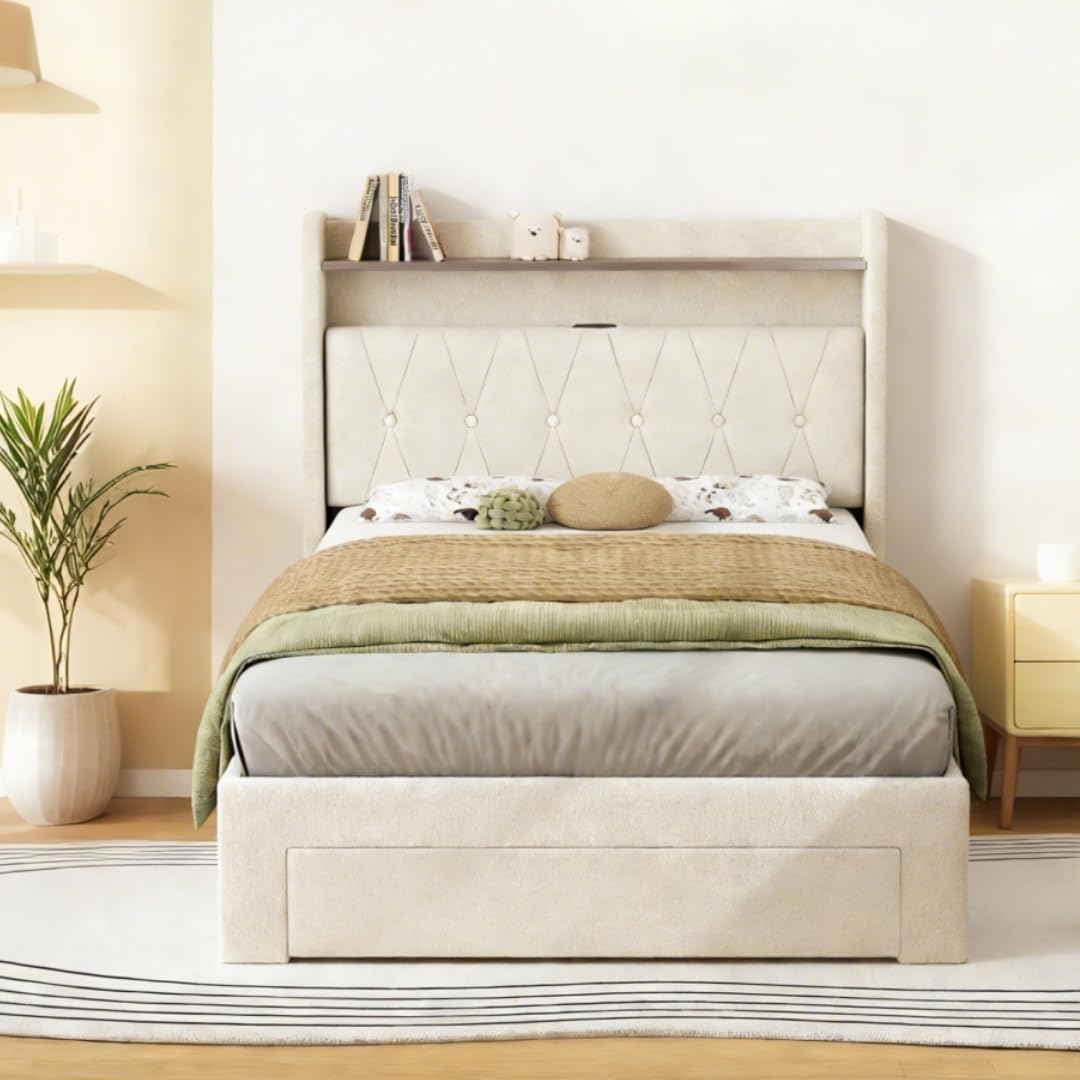 Twin Upholstered Platform Bed with LED Lights