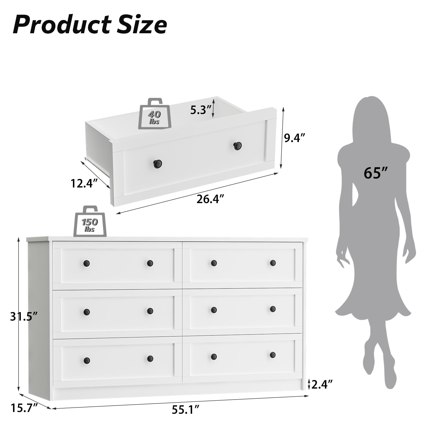 55" Modern 6 Drawer Double Dresser with Black Knobs