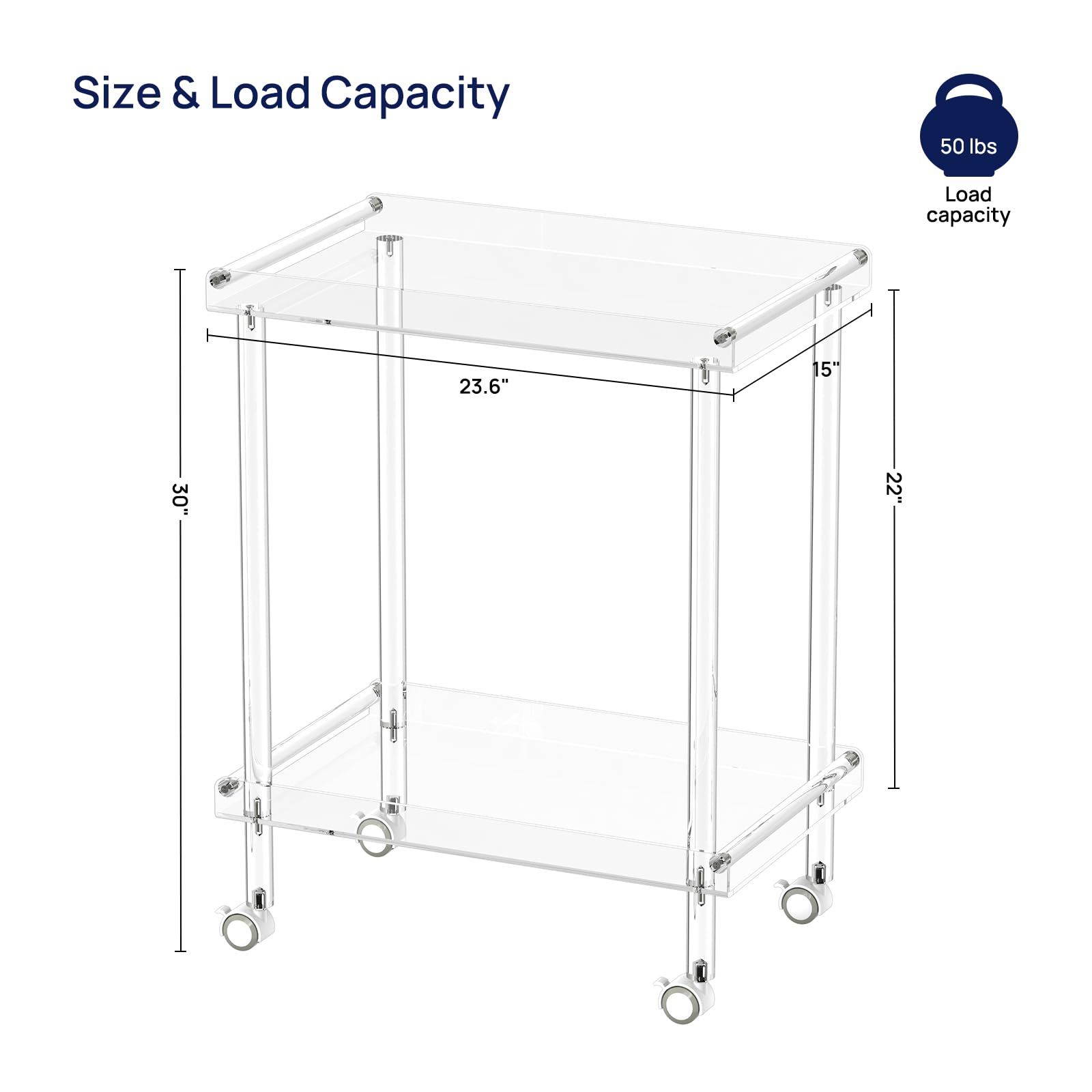 Acrylic Bar Cart with Lockable Wheels - 2 Tier Rolling Serving Cart