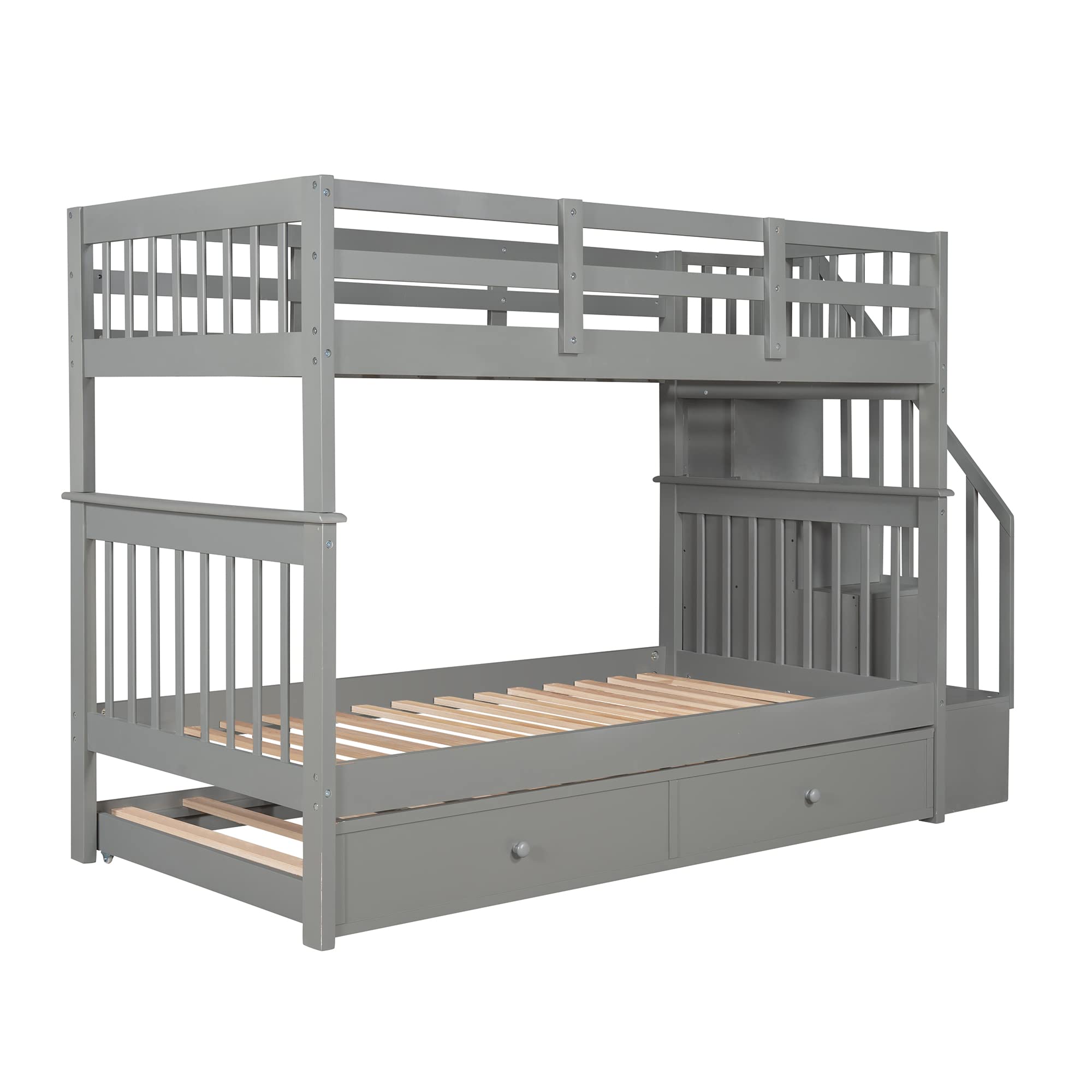 Twin Over Twin Bunk Bed with Trundle and Stairs