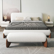 Modern Bedroom Furniture Set - White Boucle Queen Platform Bed with Bench