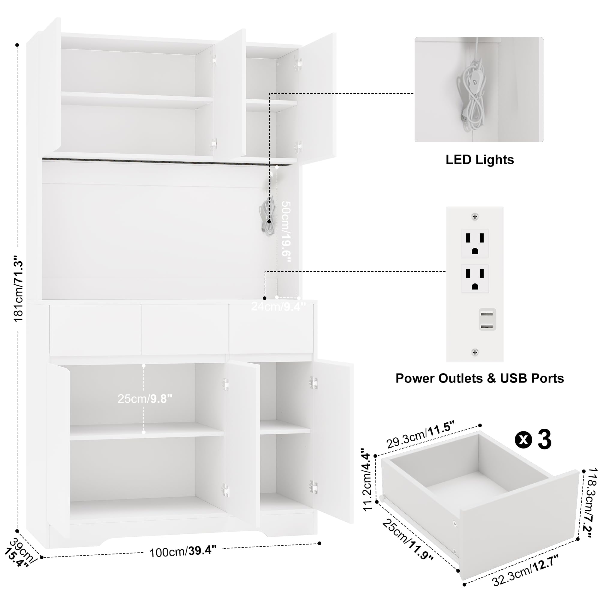 71'' Freestanding Pantry Cabinet with LED Light & Charging Station
