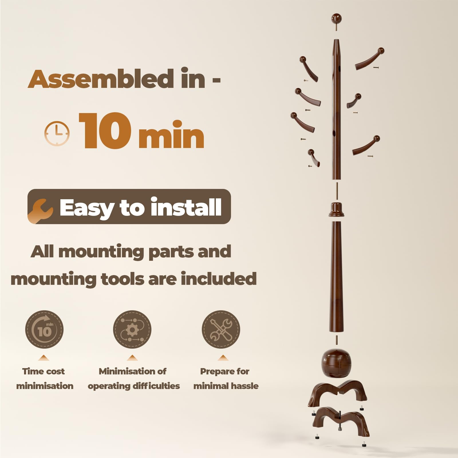 Freestanding Wooden Hall Tree with 8 Hooks