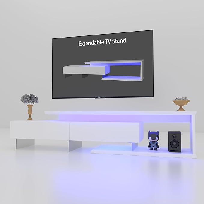 LED TV Stand with Asymmetrical Design and Tempered Glass Shelves