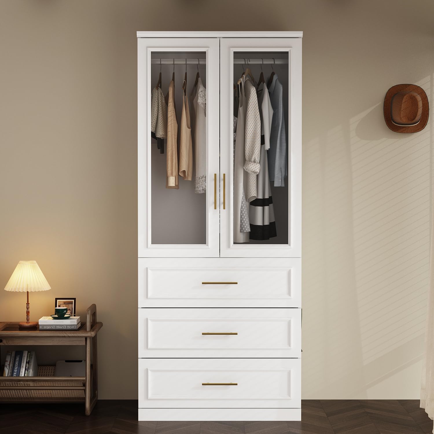Wardrobe Closet with Hanging Rod 3 Drawers 2 Glass Doors White