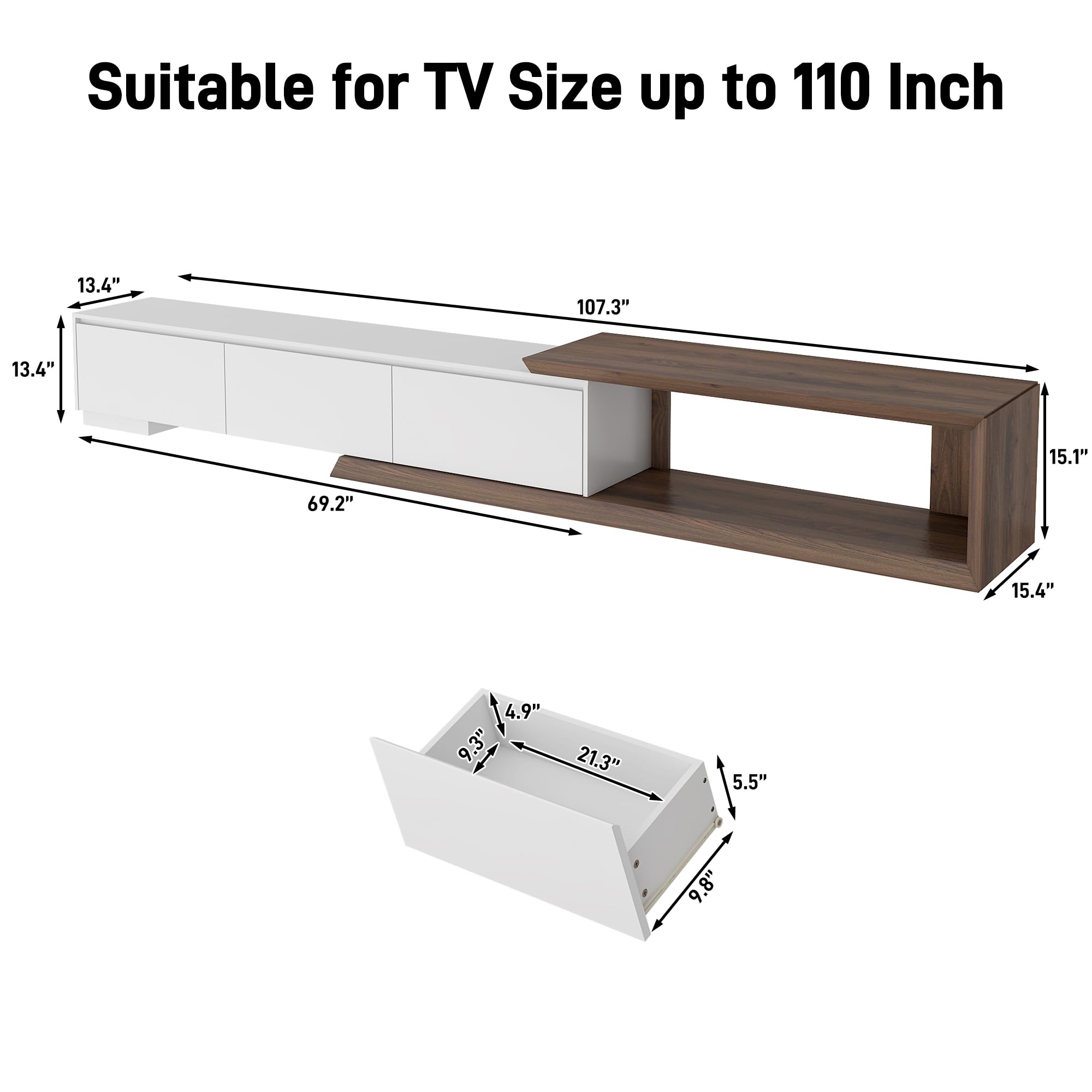 Extendable TV Stand with 3 Drawers - Modern Entertainment Center 82-107.3 Inch
