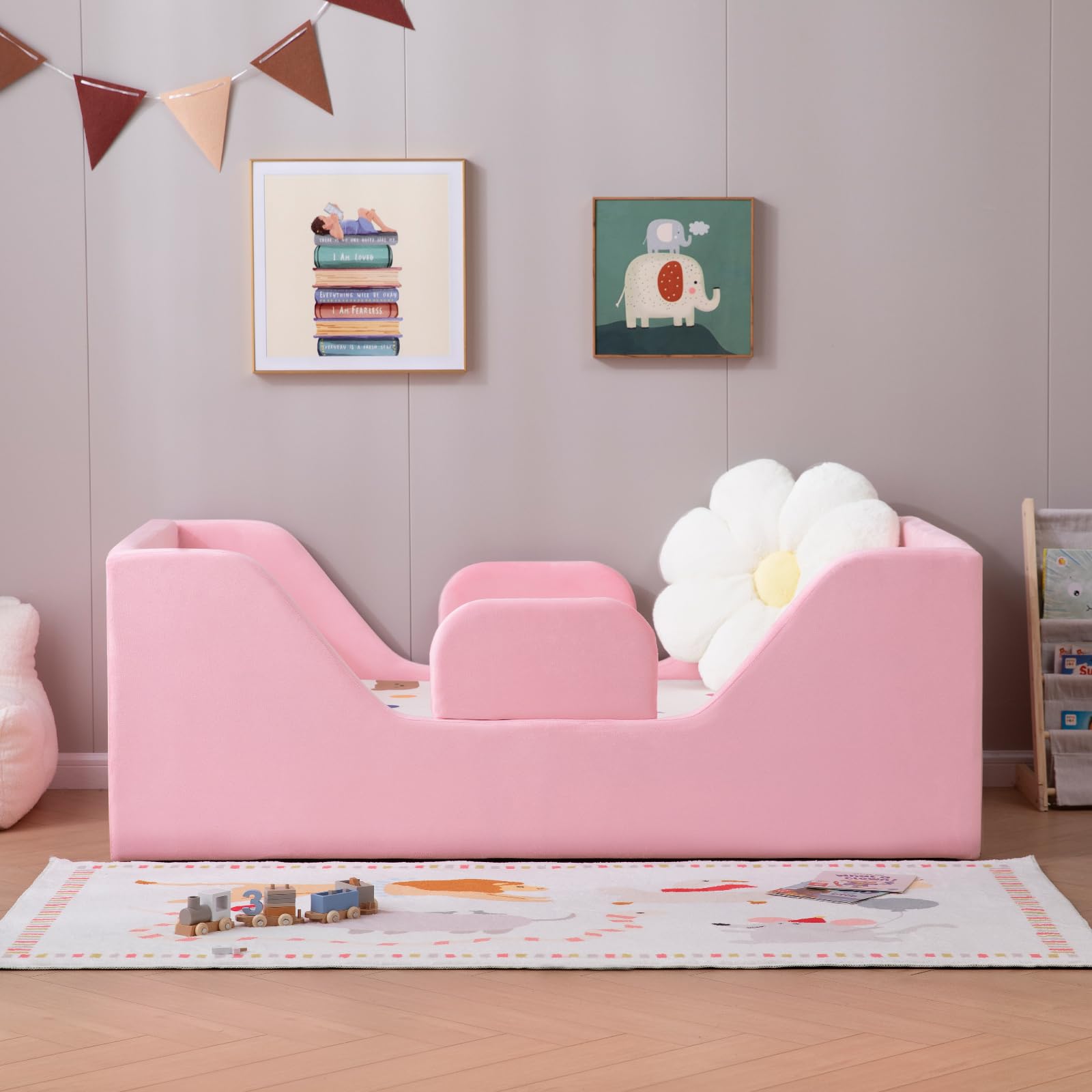 Zumspiel Toddler Floor Bed with Removable Safety Rails and Storage Bag, Kids Bed for Girl and Boys, Standard Crib Size, Safety Upholstered Child Beds, Low to Floor Design