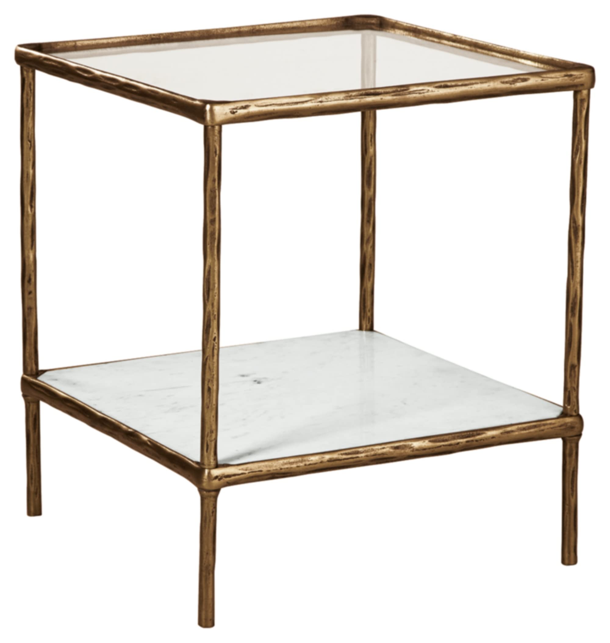 Signature Design by Ashley Ryandale | Contemporary Accent Table – Glass Top, Aluminum Frame & Marble Shelf, Antique Brass Finish
