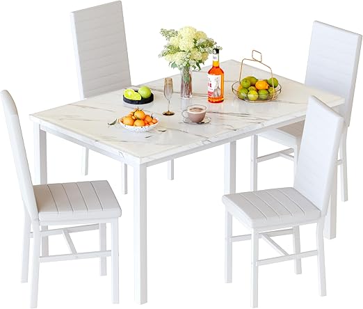 5-Piece Faux Marble Dining Table Set with 4 Upholstered Chairs