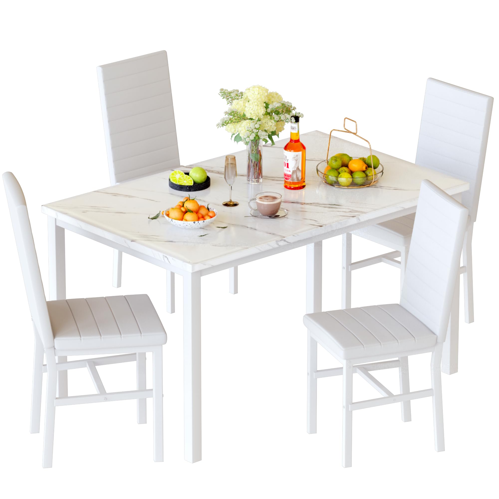 5-Piece Faux Marble Dining Table Set with 4 Upholstered Chairs