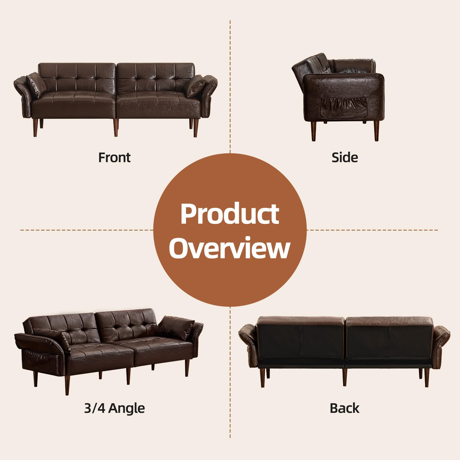 85" Futon Sofa Bed with Storage and Adjustable Armrests