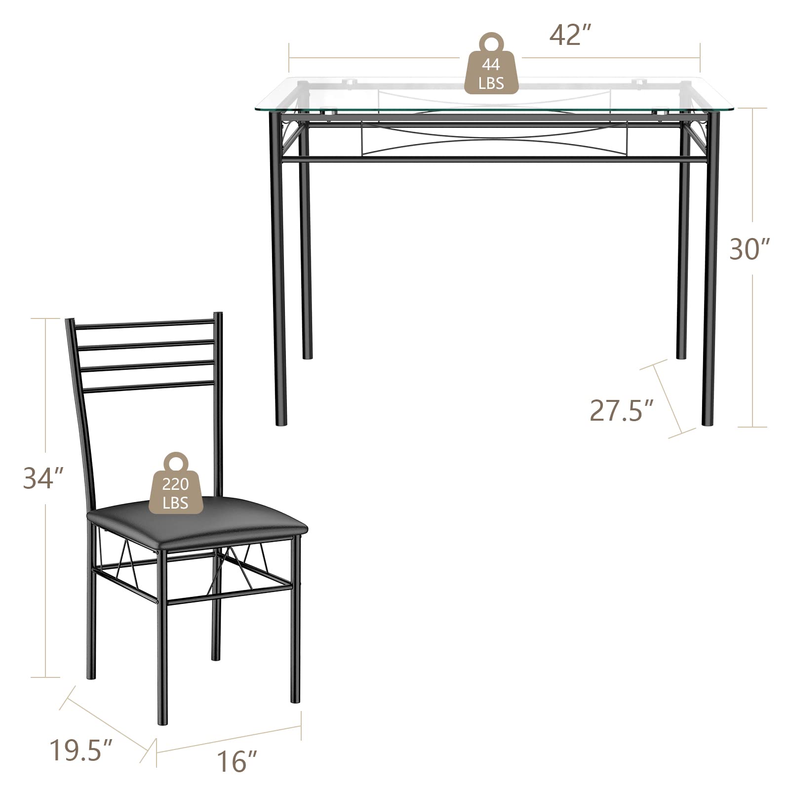5-Piece Dining Set with Tempered Glass Table