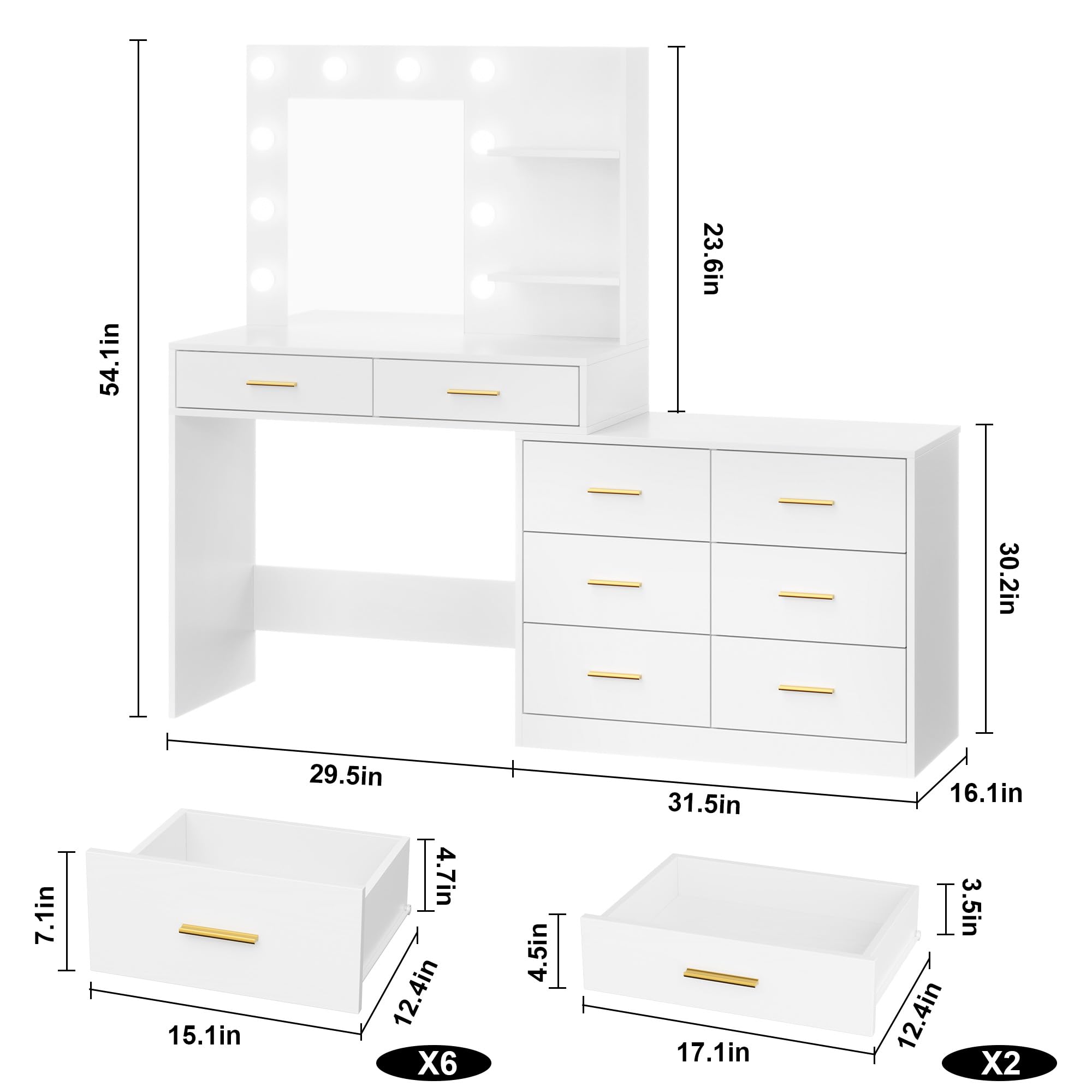 61 in Makeup Vanity Desk with Mirror and Lights