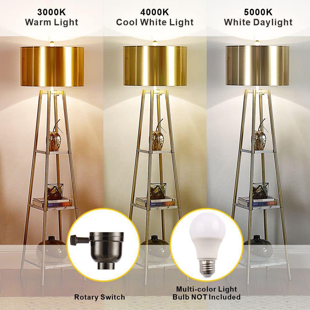 Floor Lamp with Shelves and Gold Shade